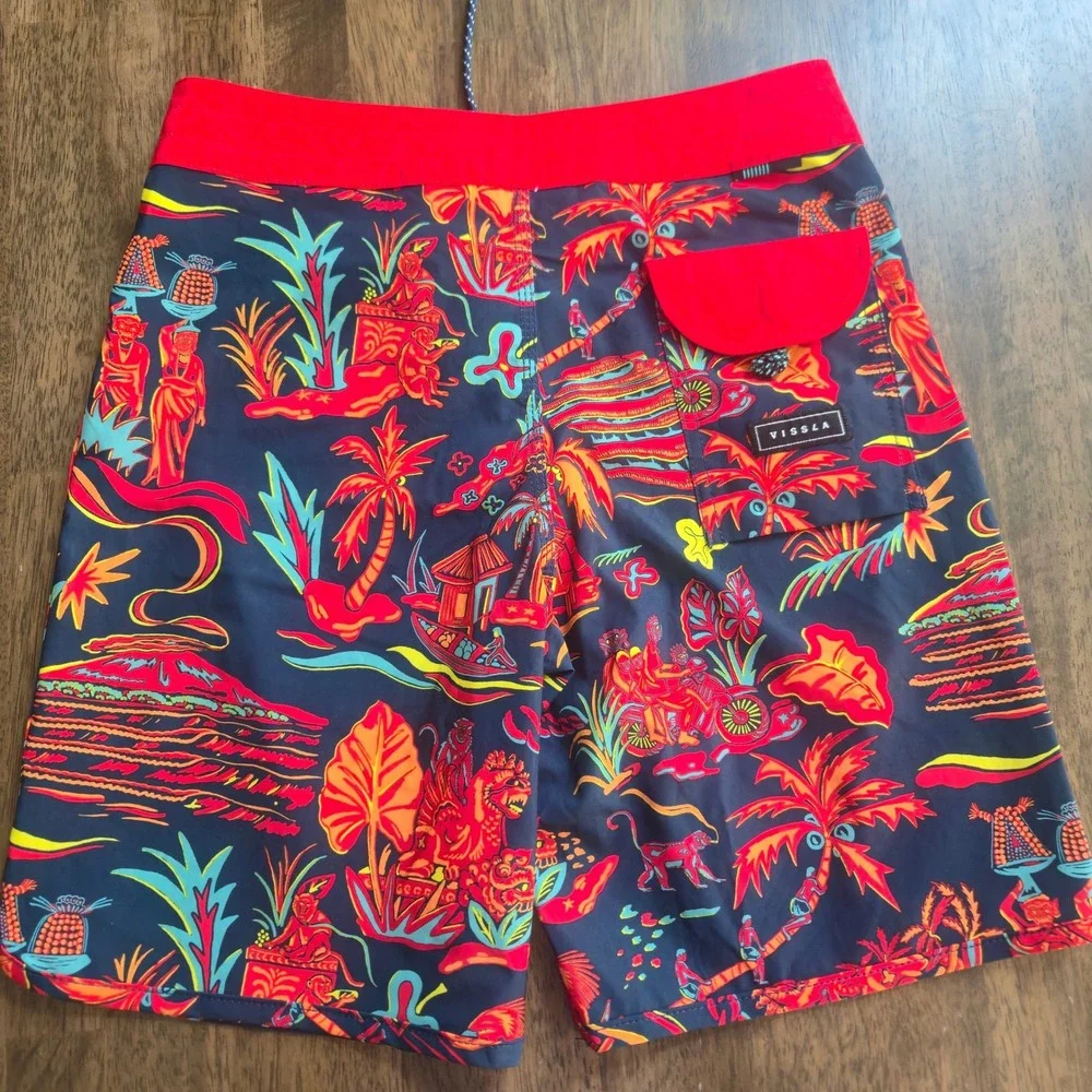 Vissla Kids Navy Blue Tropical Island Print Board Shorts Size 26 Upcycle Coconut